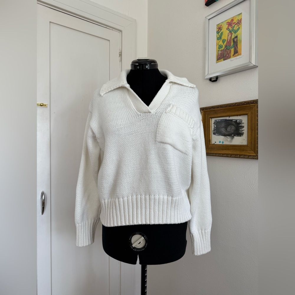 Primark White V-Neck Collared Sweater with Frocket - 2XS - EUC